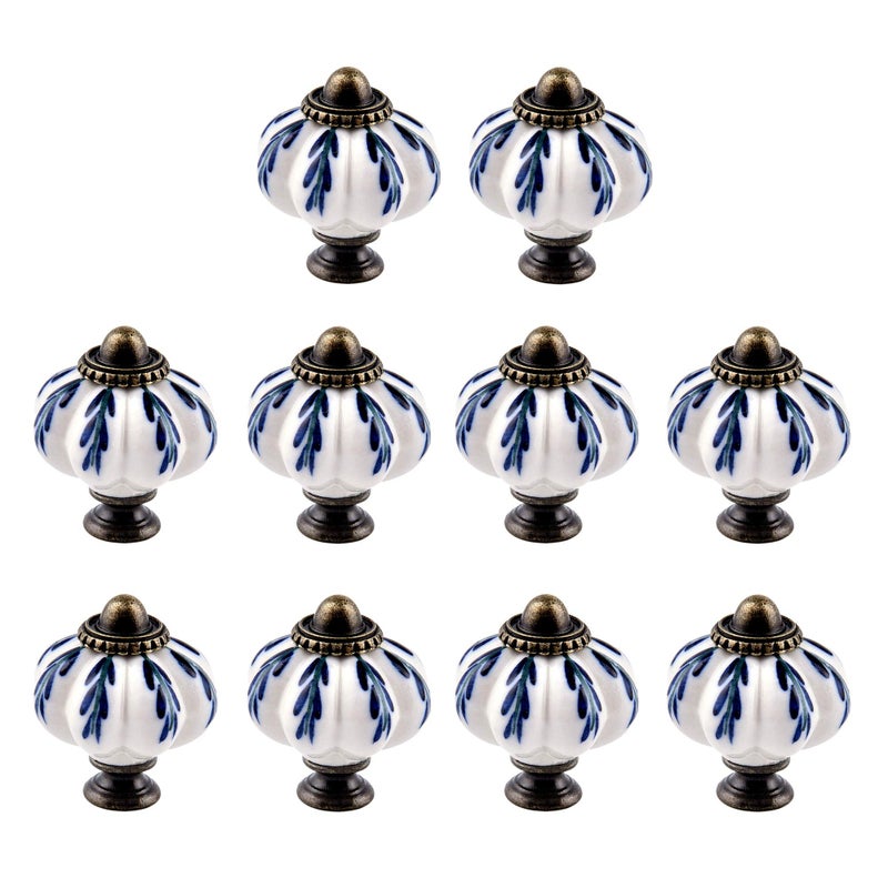 IEIK 10Pcs Pumpkin Ceramic Drawer Knobs, Dresser Knobs Vintage Door Pull Handles Retro Antique Floral Leaf Pattern for Furniture Drawer Dresser Cabinet with Screws (White/Blue) - Image 1